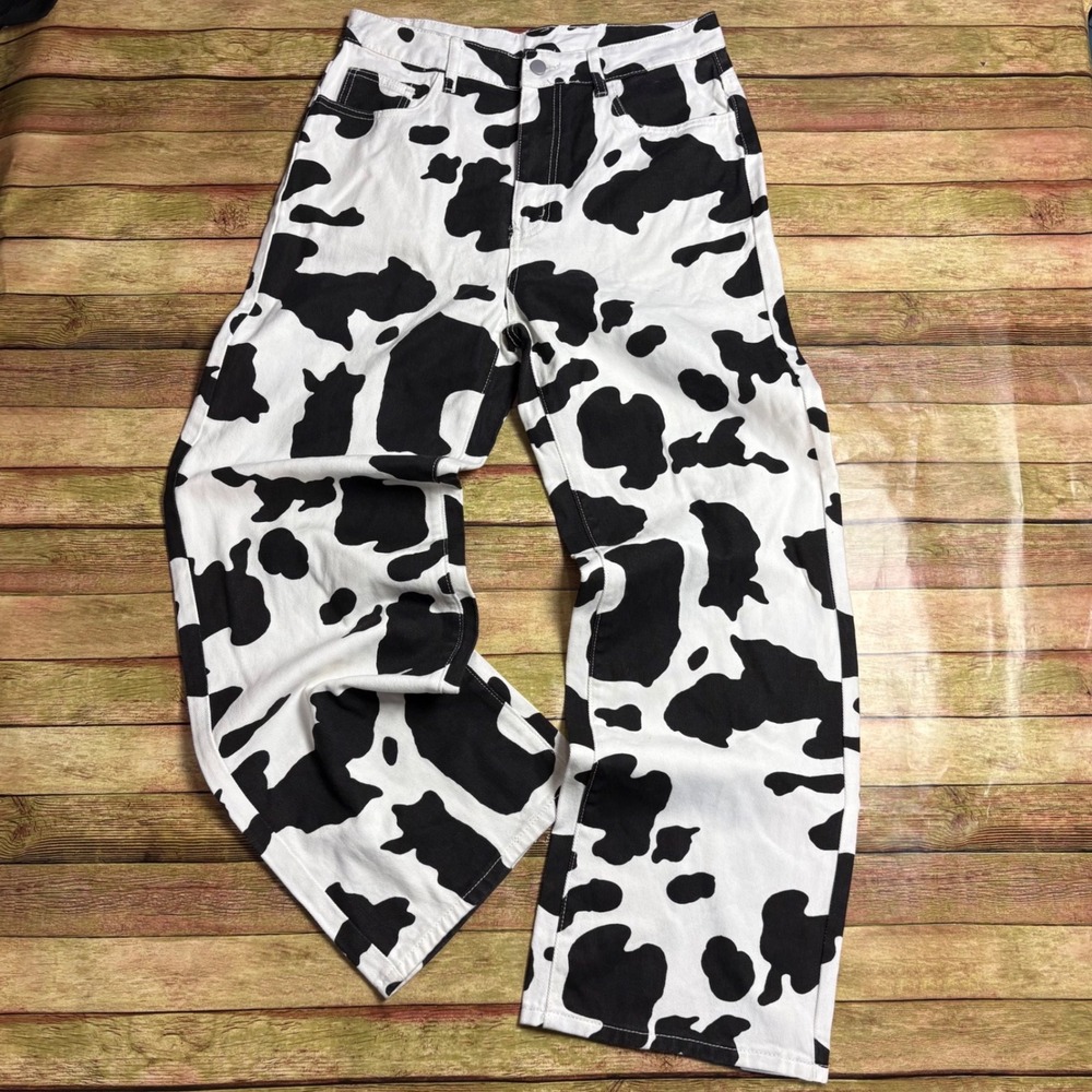 Cow Print Wide Leg Jeans Black White Animal Pattern High Waisted Pants Large